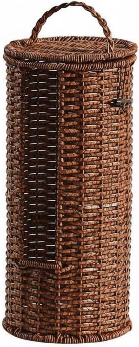 Amagogo Wicker Storage Bin Toilet Paper Holder Basket With Lid Hand-Woven Rattan Iron Frame Side Opening For Storing Tissue Rolls Suitable for Washroom Guest Room Home, Light Coffee