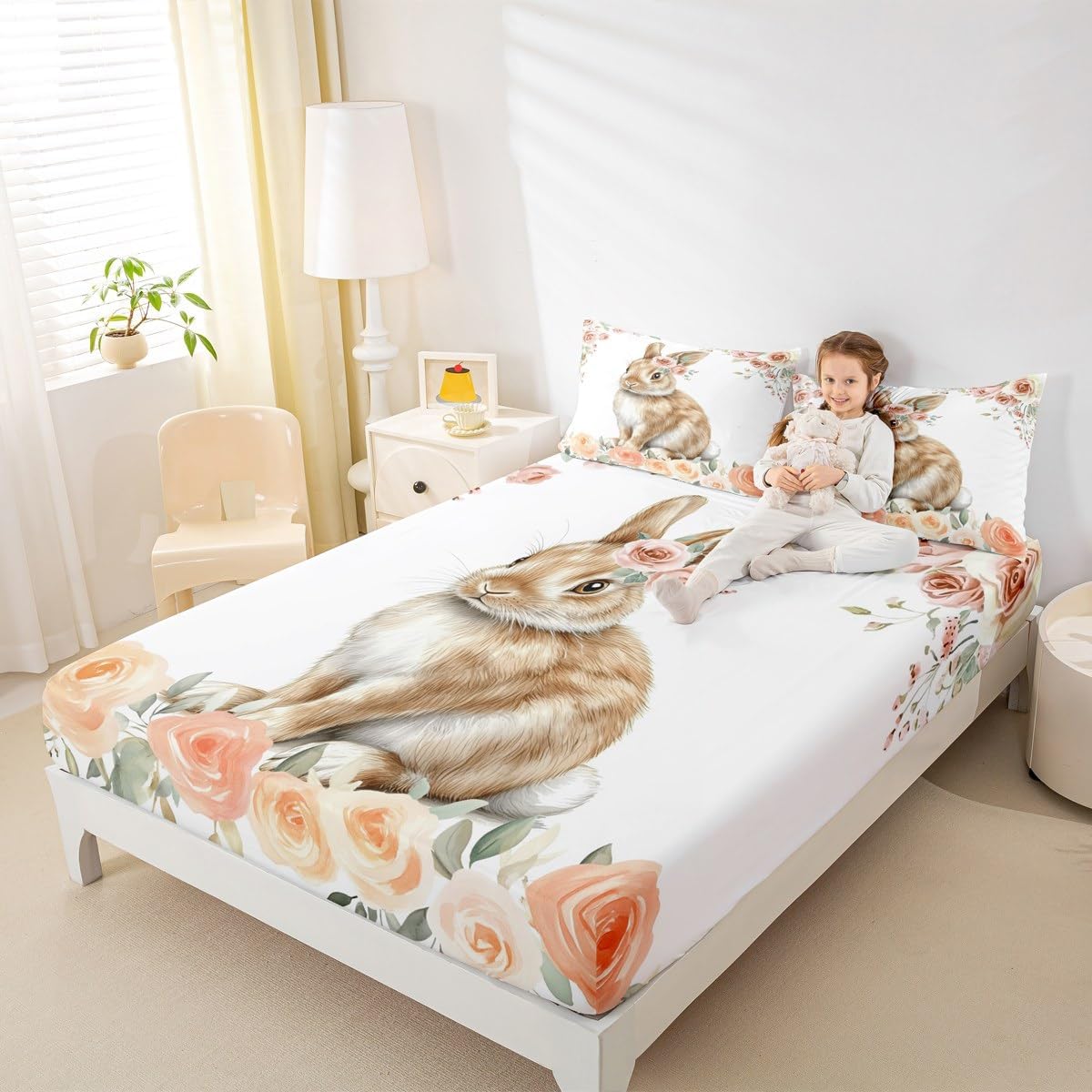 Erosebridal Cute Dog Bed Sheets Full Cartoon Puppy Fitted Sheet,Lovely Animal Rose Print Sheets,Modern Minimalist Bedding Set for Women Men Botanical Flowers Bed Set Breathable