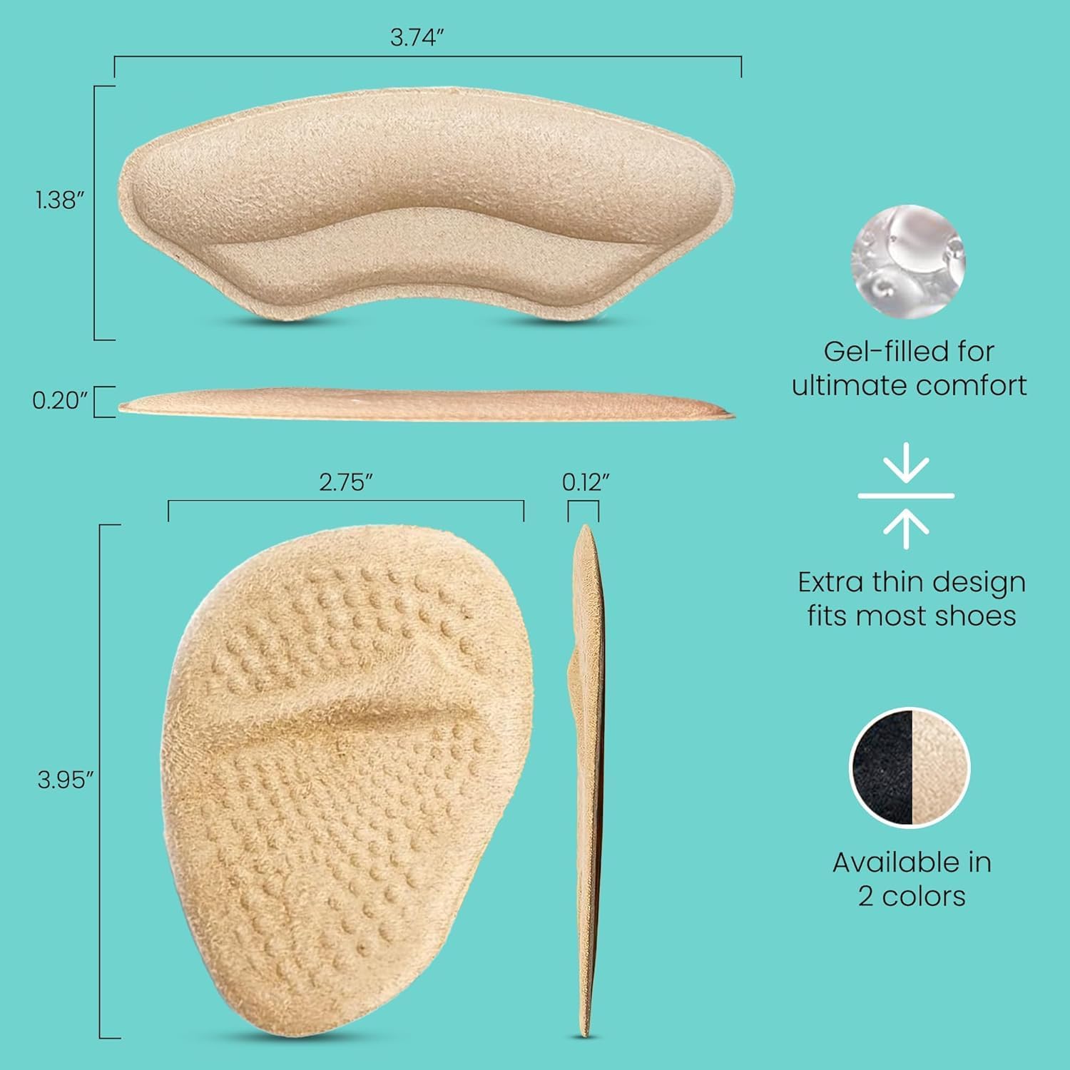 Walkize Metatarsal Pads & Anti Slip Heel Pads for Women & Men | Ball of Foot Cushions & Heel Grips | Shoe Inserts for Pain Relief, Blister Prevention & Comfort (2 Pairs Each, Beige)