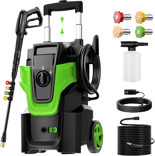 Heavy Duty MAX5000 PSI Pressure Washer, Electric Power Washer with 2-Stage Pull Rod, 4 Nozzles, Foam Cannon & 500ml Soap Bottle for Car, Home & Outdoor Cleaning,Green