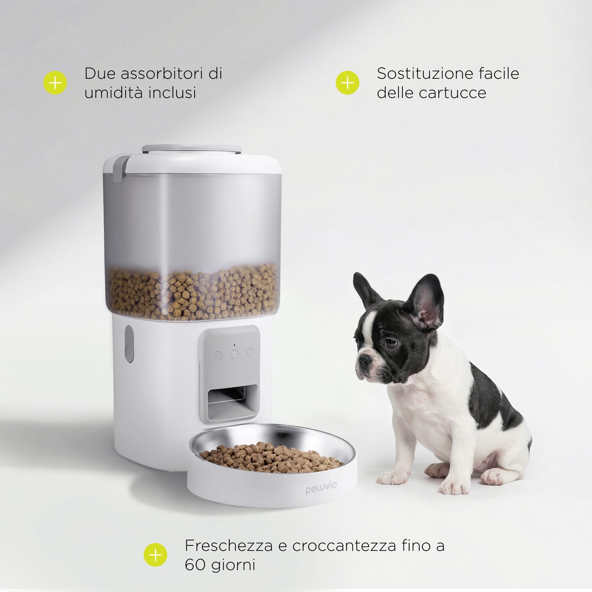 CRISPY WI-FI Distributore Automatico Cibo Cani e Gatti con WiFi e App, Capiente 4,5 L, Programmabile Timer e Porzioni, Registrazione Vocale, Ciotola in Acciaio Inox, Cavo e Batterie (Bianco) | Per Cani e Gatti, App, Timer e Porzioni Programmabili, Registr