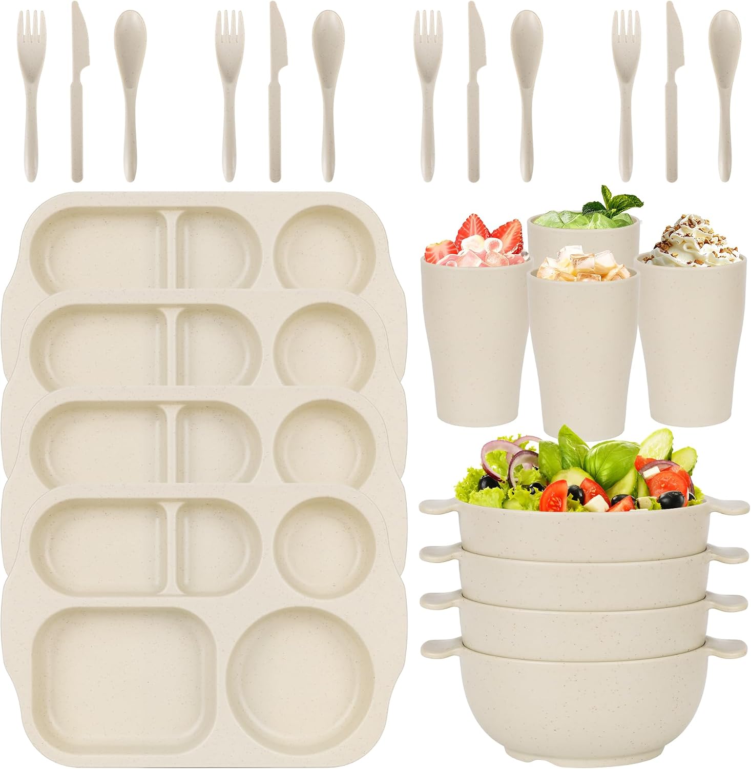 24 PCS Wheat Straw Dinnerware Set for Adult Kids Plates and Bowls Sets | Divided Kids Plates Bowls Cup Cutlery Sets, Reusable Children Tableware Set Microwave Dishwasher Safe for School Party Home