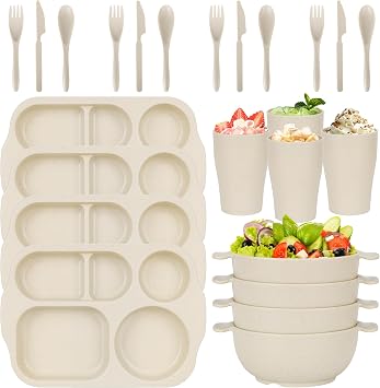 24 PCS Plastic Dinnerware Set for Adult Kids Plates and Bowls Sets | Divided Kids Plates Bowls Cup Cutlery Sets, Reusable Children Tableware Set Microwave Dishwasher Safe for School Party Home