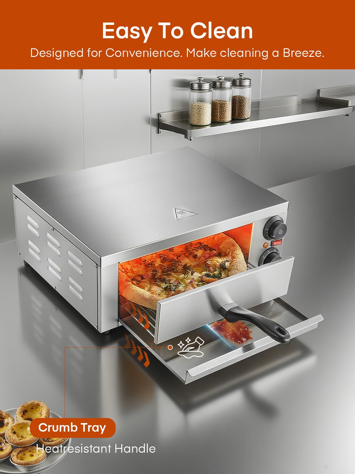 Professional Pizzaofen 2000W, 12 Zoll Kommerzieller Pizzabackofen Elektrisch Edelstahl mit 15-Minuten-Timer 350℃ für Pizza, Brot und Backwaren