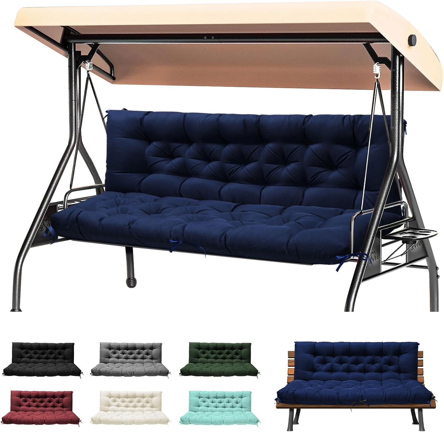 Porch Swing Cushions, Waterproof Swing Cushions Replacement with Backrest, Outdoor Swing Bench Cushions 2-3 Seater Replacement for Patio Furniture 60×40 (Navy)