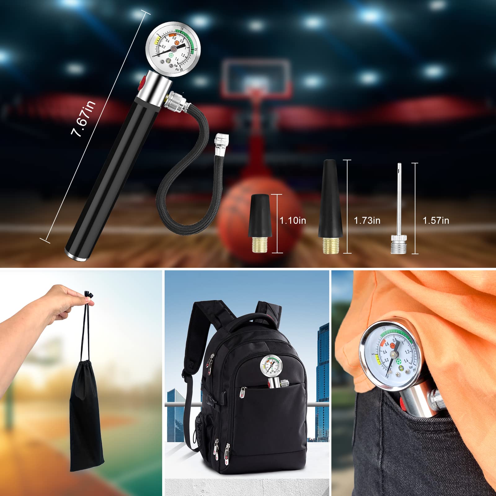 Ball Pump with Pressure Gauge, Ball Air Pump for Sports Balls with 10 Needles Soccer Ball Pump with Deflated for Basketball, Volleyball Soccer Ball Inflator Black