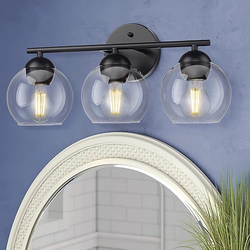 Miniatura 7 de Emak VL114-BKL-3 - Luces de tocador de 3 luces para baño, lámparas negras sobre el espejo, luz de tocador de globo con pantalla de vidrio