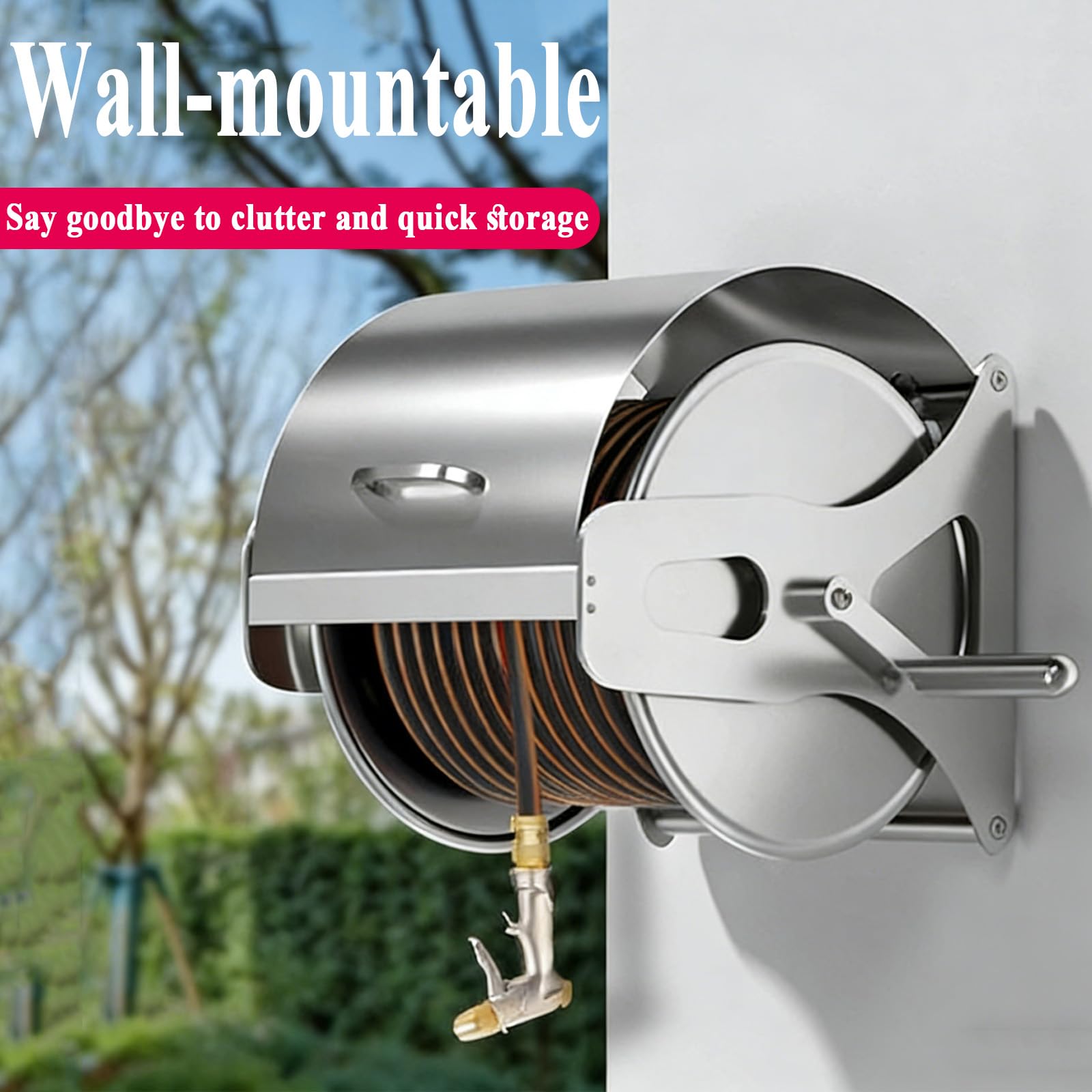 Carrete de manguera de jardín, soporte de pared con tapa, construcción duradera de acero inoxidable, soporta hasta 164 pies para regar césped y jardines