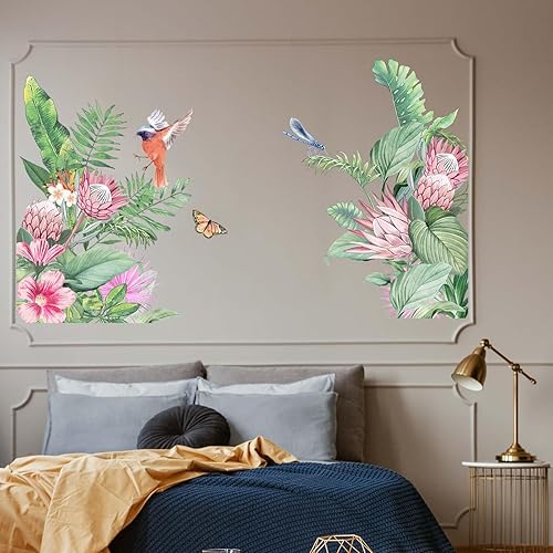 Miniatura 3 de Calcomanías de pared de acuarela con hojas tropicales y césped verde, hojas de palmera, pájaros, calcomanías de pared, dormitorio, sala de estar,
