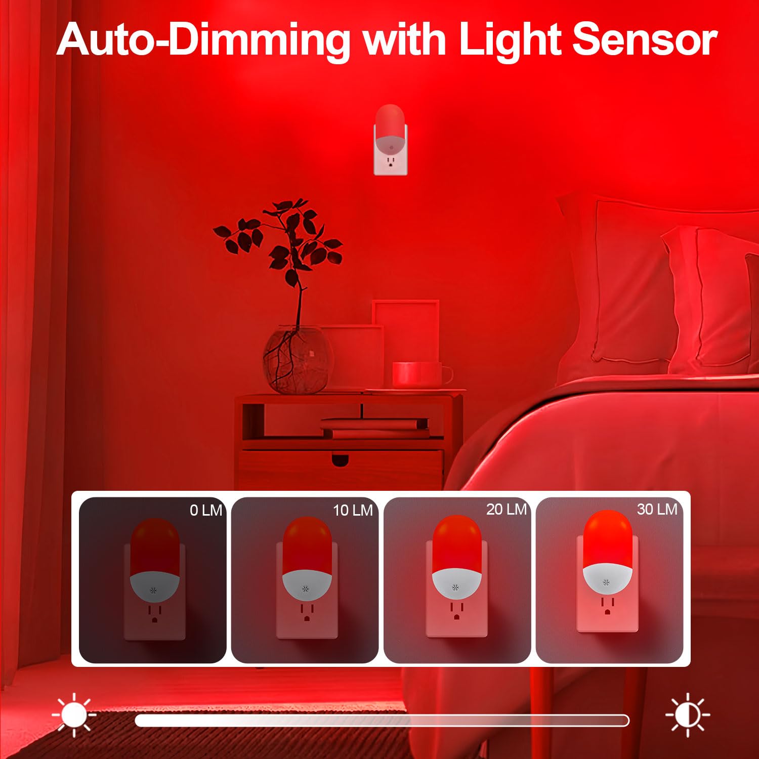 Luz nocturna roja para terapia del sueño [paquete de 2] - Luz nocturna LED de encendido/apagado automático se conecta a la pared para bebé, baño, promoción de melatonina con