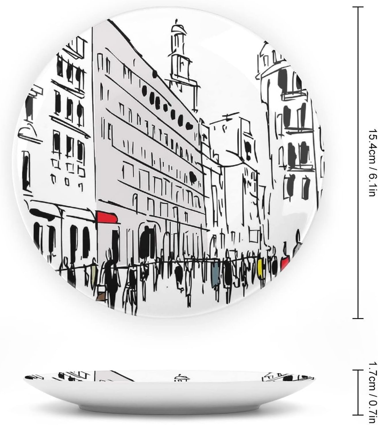 XISUNYA 7 Inch Decorative Plate, Urban Ceramic Stoneware, Pedestrians on Busy Street with Buildings Modern Cityscape Print Ceramic Wall Hanging Decor Accessory for Dining Table Tabletop Home Decor