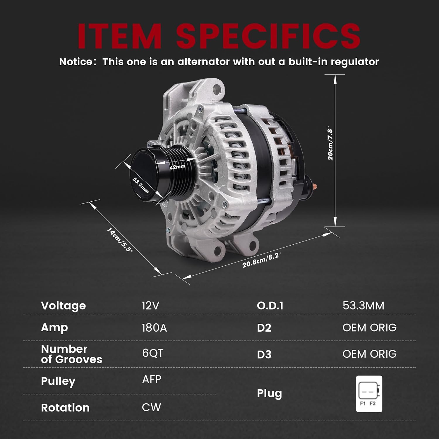 Alternator For/Chrysler 300 2011-2021 For/Dodge Challenger 2015-2021,Charger,Durango For/Jeep Grand Cherokee 2011-2020 For/Ram 1500,3.6L,4801778AF,12V 180A CW 6-Groove