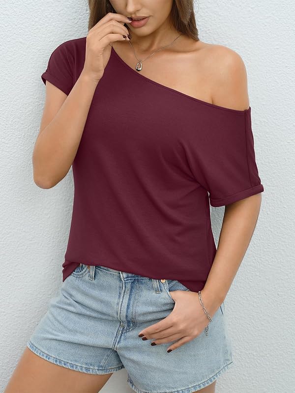 EasyGala Womens Off Shoulder Tops Sexy Short Sleeve Shirts Loose Summer Tee by EasyGala - Used condition - Image 3
