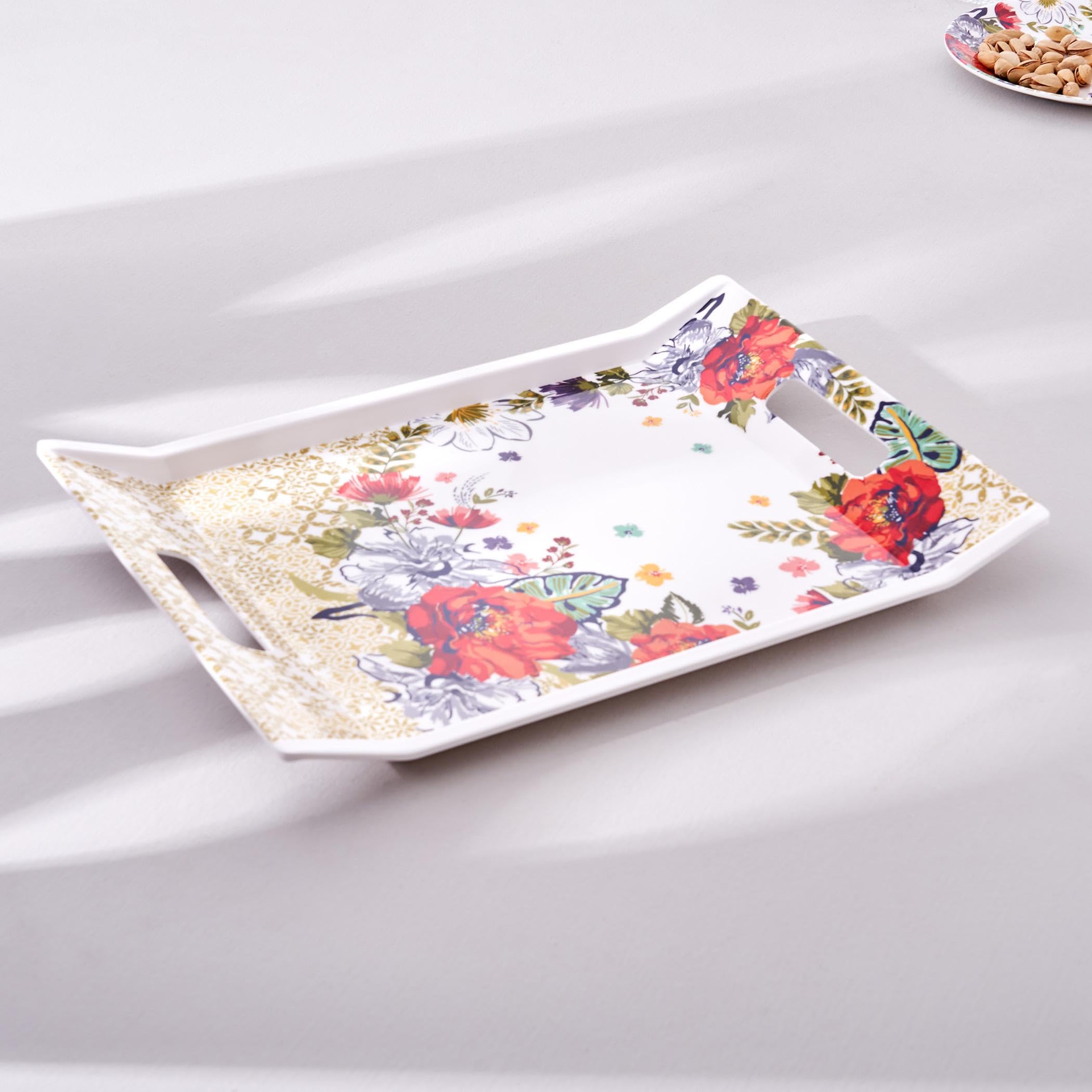 HomecentreHome Centre - Meadows Theme Farah Melamine Serving Tray | Melamine Tray | White Tray | Meadows Theme Tray | Printed Tray - White / 38x27cm
