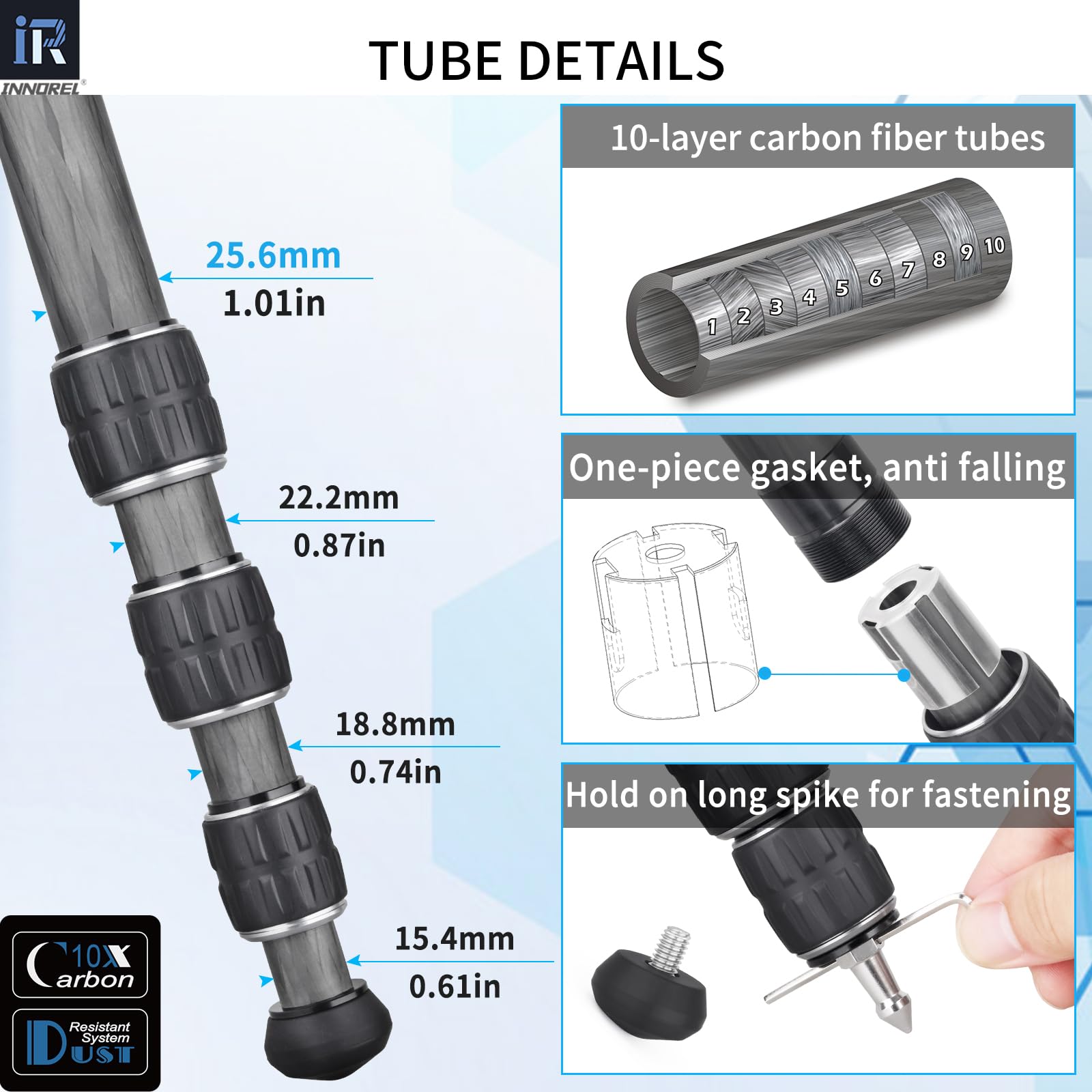 INNOREL KT254C Monopod monopod z włókna węglowego Profesjonalny przenośny kompaktowy statyw podróżny do lustrzanki cyfrowej 25,6 mm Tube obciążenie 15 kg z regulowanym prętem przedłużającym