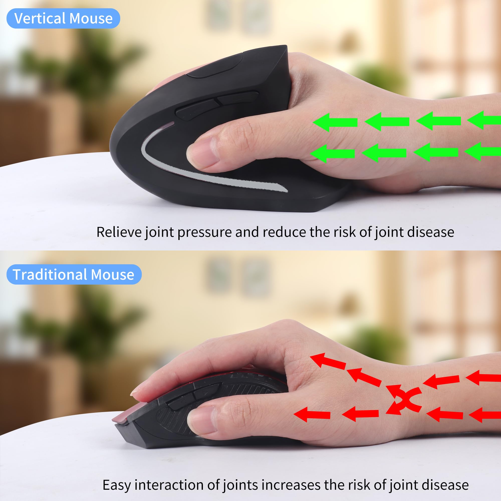 Mouse ergonomico verticale wireless 2,4 GHz ottico (USB-A + adattatore USB-C) 2 modalità mouse wireless 1600 3 sensibilità regolabile 6 pulsanti per laptop/computer/Mac/Windows/PC/tablet/iPad, per