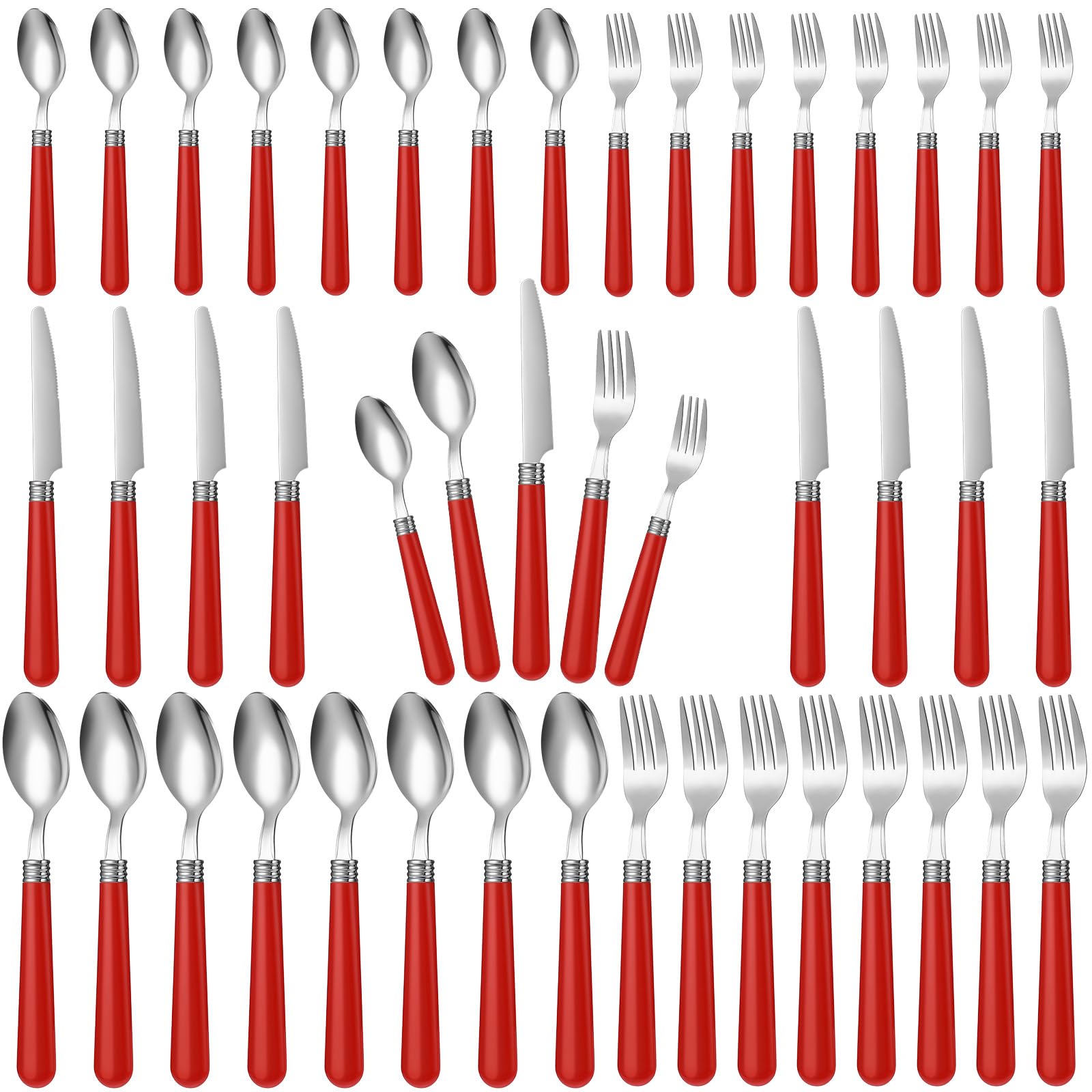 Sabary 40 Pcs Handle Silverware Stainless Steel Sets for 8 Flatware Cutlery with Colored Handles 8 Dinner Knife, 8 Dinner Fork, 8 Salad Fork, 8 Dinner Spoon, 8 Dessert Spoon for Home(Red)