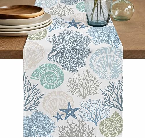 Camino de mesa rectangular de lino y algodón azul verde azulado coral de 13 x 36 pulgadas, estrellas de mar de mar costero moderno geométrico
