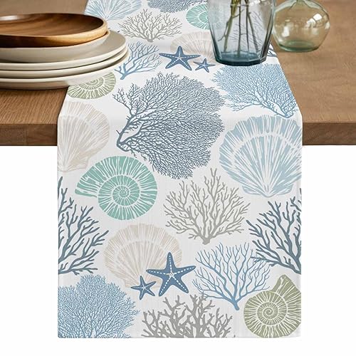 Blue Teal Coral Cotton Linen Rectangle Table Runners 13"x70", Summer