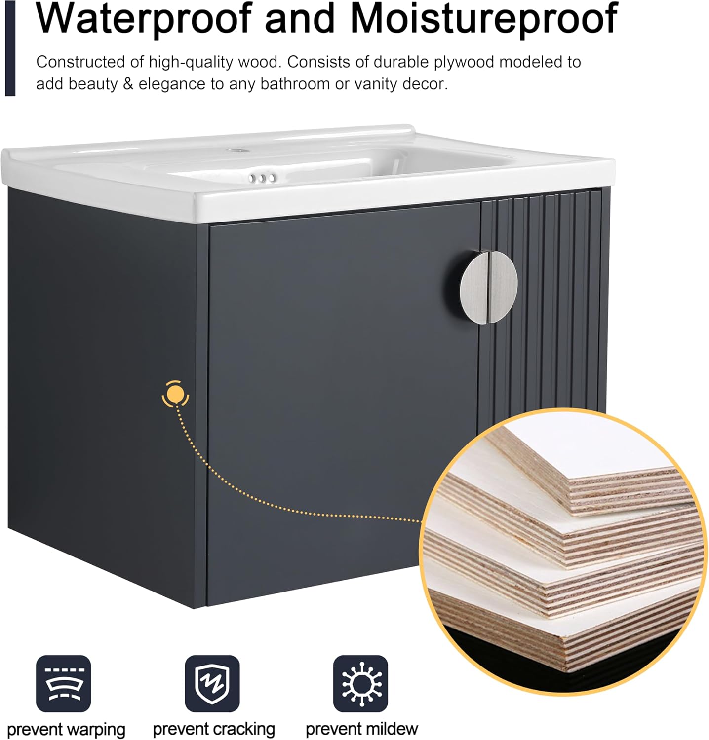 Malwee 28" Floating Bathroom Vanity with Sink, 28 Inch Single Sink Wall Mounted Bathroom Vanity, with 2 Doors and White Ceramic Basin Top, Black Cabinet Set with 3 Color Handles (081-28)