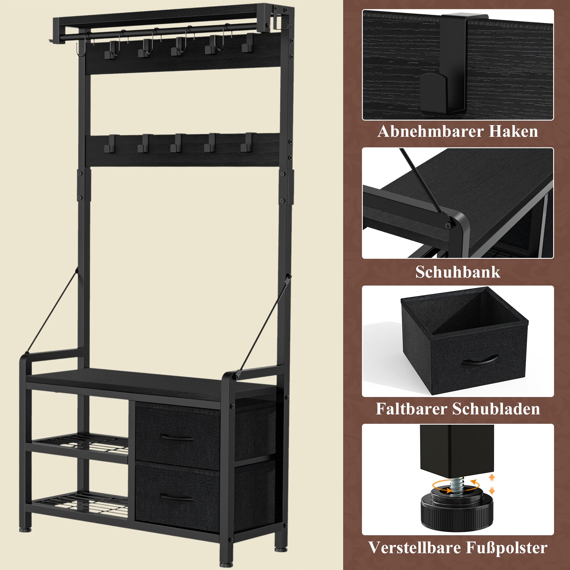 Garderobenständer, Schuhregal mit Sitzfläche und 2 Schubladen, Kleiderständer mit 17 Abnehmbaren Haken, 5 In 1 Design, Metallrahmen, für Flur, Wohnzimmer, Eingänge (Schwarz)