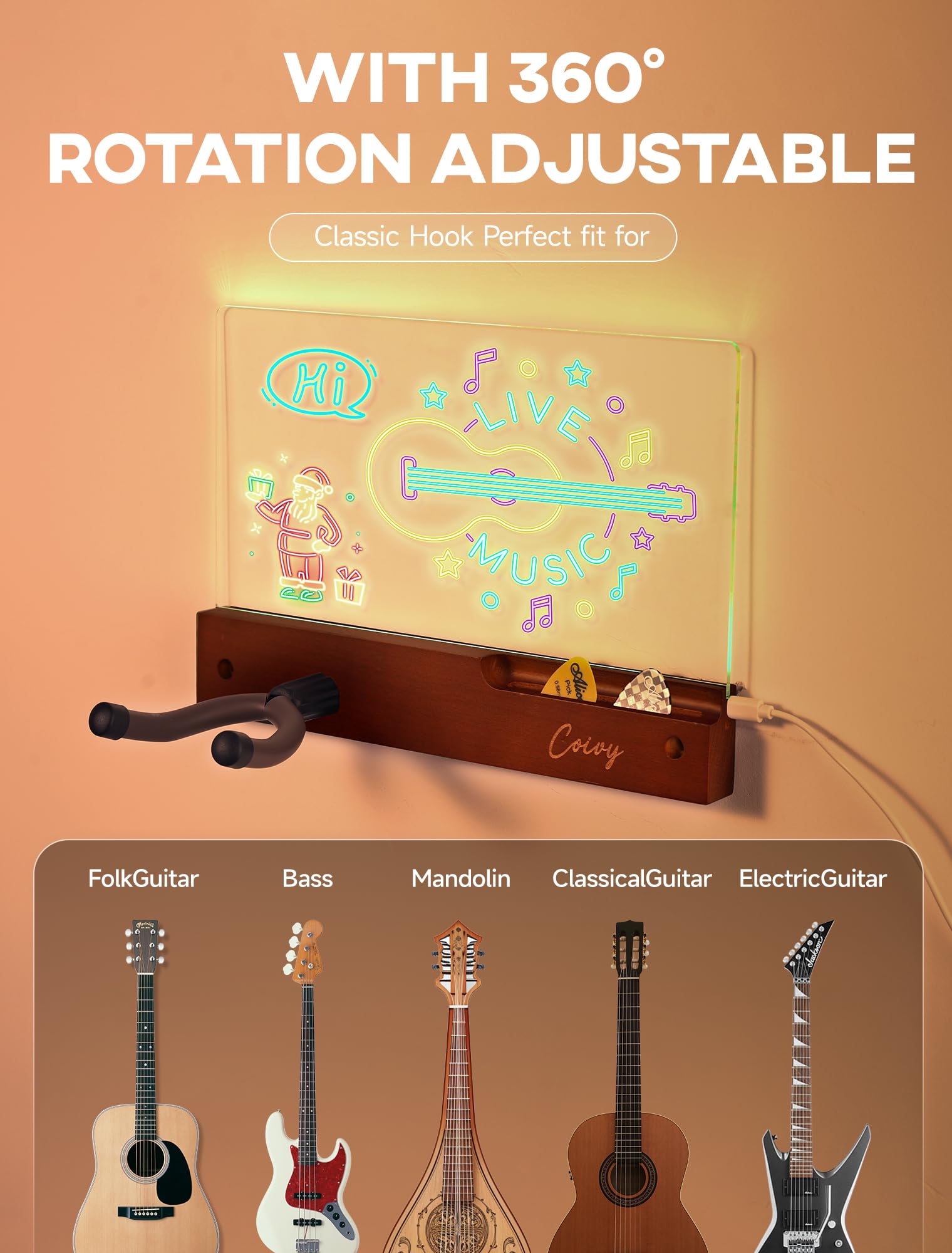 Gitarren-Wandhalterung mit RGB-LED-Zeichenbrett, beschreibbar mit 7-farbigen Markern, Buchenholz und drehbarem Eisenhaken für Akustik-/E-Gitarre/Bass-Display, ideales Geschenk für Musiker, mit USB