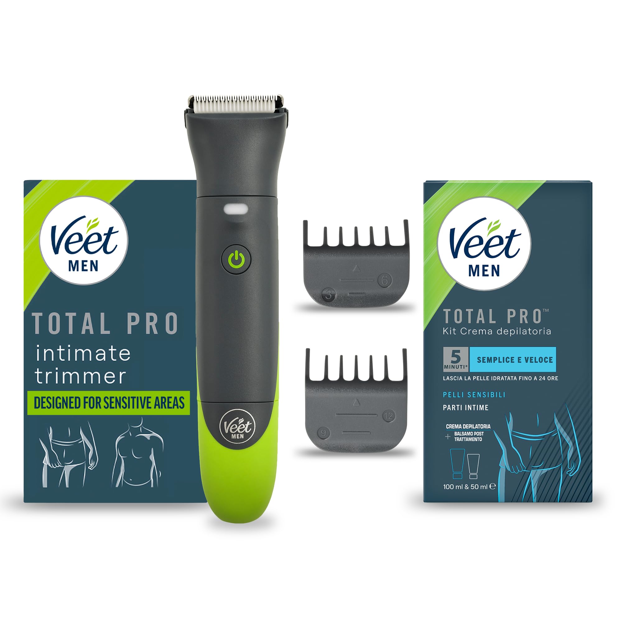 Veet Men Intimate Trimmer TOTAL PROTM, Rasoio elettrico uomo corpo e parti intime, 1 testina per zona intima e corpo e 2 pettini guida, Rifinitura precisa, Cordless+ Intimate Kit