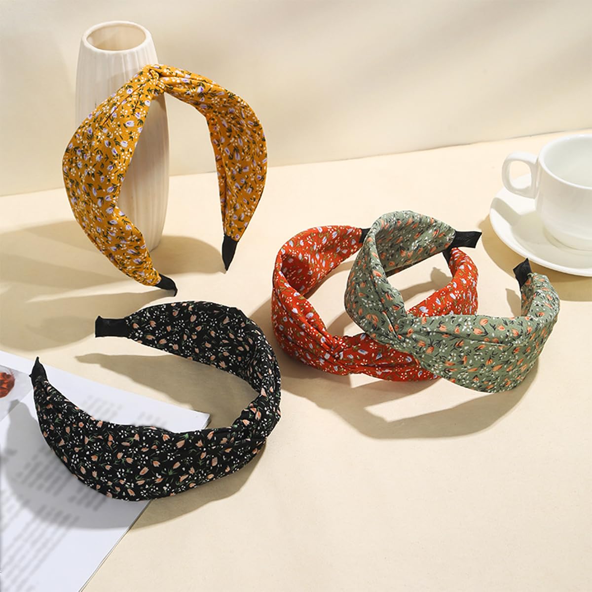 4 PCS Flower Printed Knotted Headbands Fabric Hair Band Vintage Elastic Printed Head Wrap Knotted Hairband Cute Boho Wide Hairbands Non Slip Elastic Hair Accessories for Women Girl - Image 3