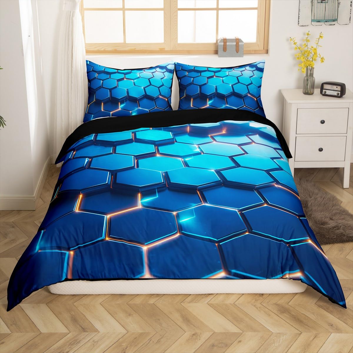 Loussiesd Honeycomb Bettwäsche Set 155x220cm Blau 3D Geometric Pattern Betten Geometrical Beehive Bettbezug Realistic Drucken Bettwäsche-Set Sechseckige Moderne Kunst