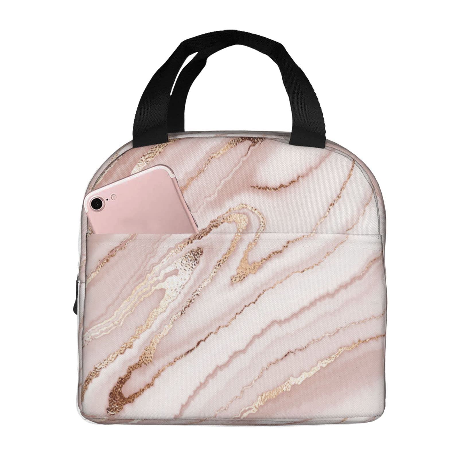 Miaoquhe Lunch Box Reusable Insulation Lunch Bag Pink Marble Rose Gold Glitter Pattern Ice Packs Containers Tote Handbag for Women Men Teens Girls