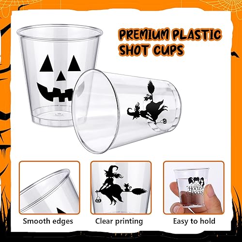 Miniatura 4 de 108 vasos de chupito de Halloween de 1.69 onzas desechables de plástico para fiestas, vasos transparentes de calabaza, bruja, whisky, para