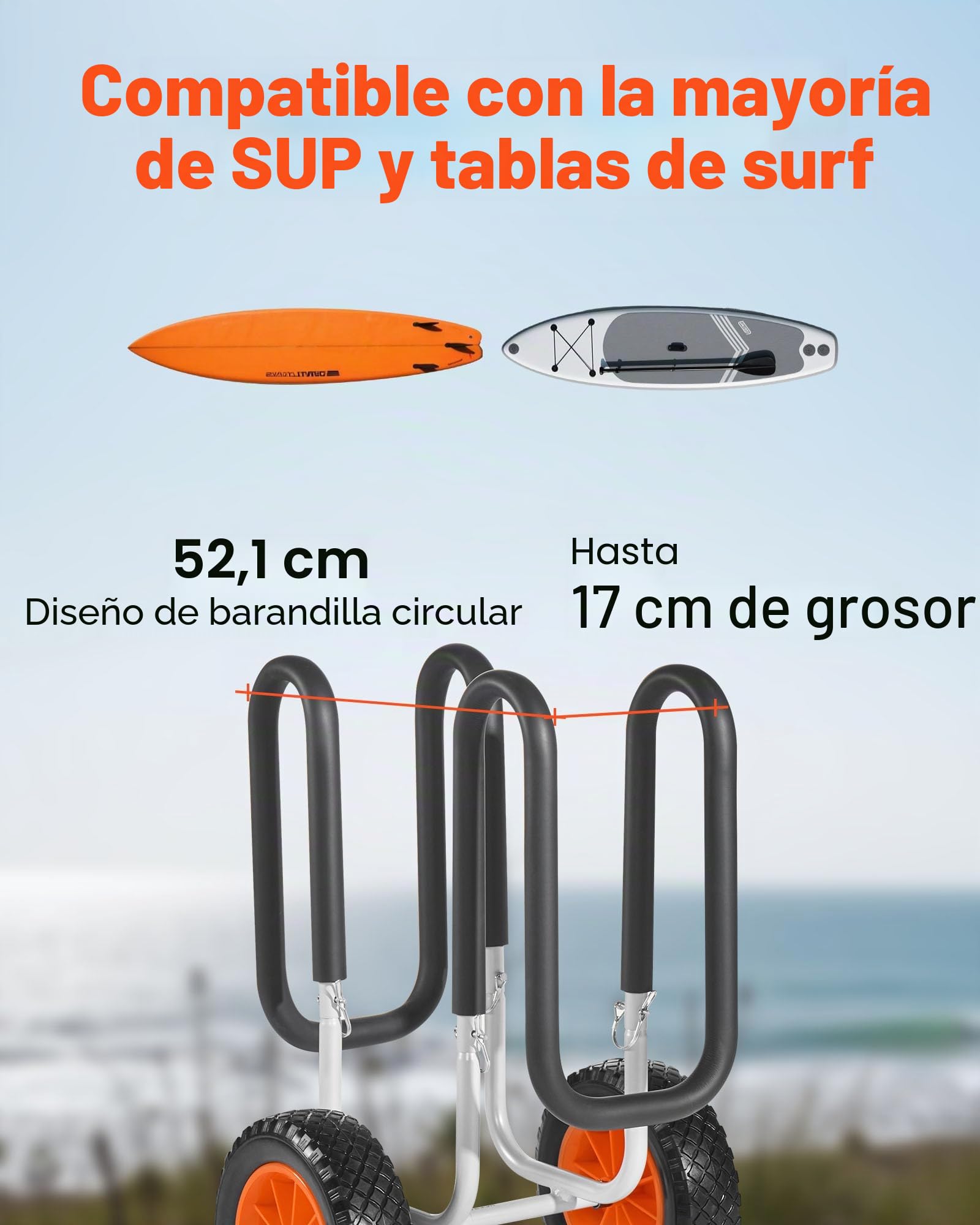 VEVOR Remolque Vertical para Kayak, Remolque de Kayak 520 x 500 x 680 mm con Neumáticos de Goma Maciza de 25,4 cm y Soportes Carga de 68 kg, Carrito para Tabla de Surf de Remo, Kayaks, Canoas