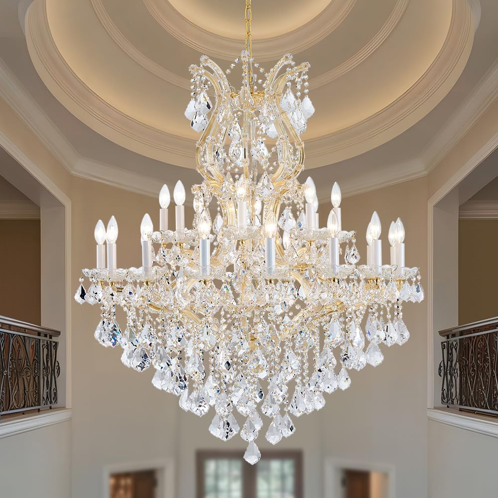 Large Gold Modern Crystal Chandelier Light Fixtures - 24 Lights, Maria Theresa Crystal Pendant Light Foyer Chandelier Fixtures for Staircase Hallway Living Room Entryway