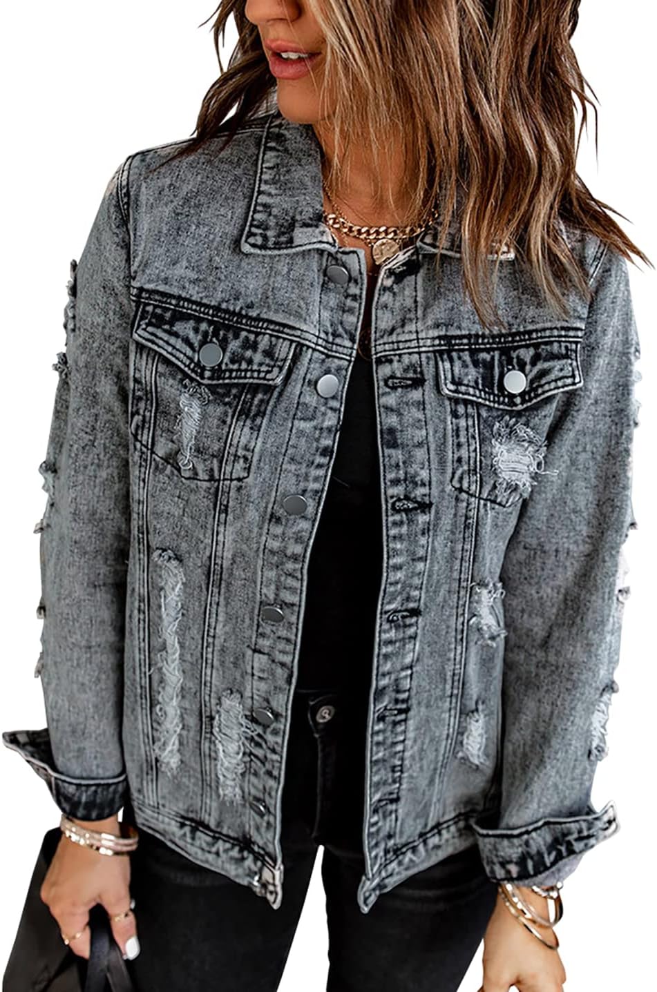 Necooer Women's Jean Jacket Distressed Washed Button Up Boyfriend Denim Jacket Coat With Pockets