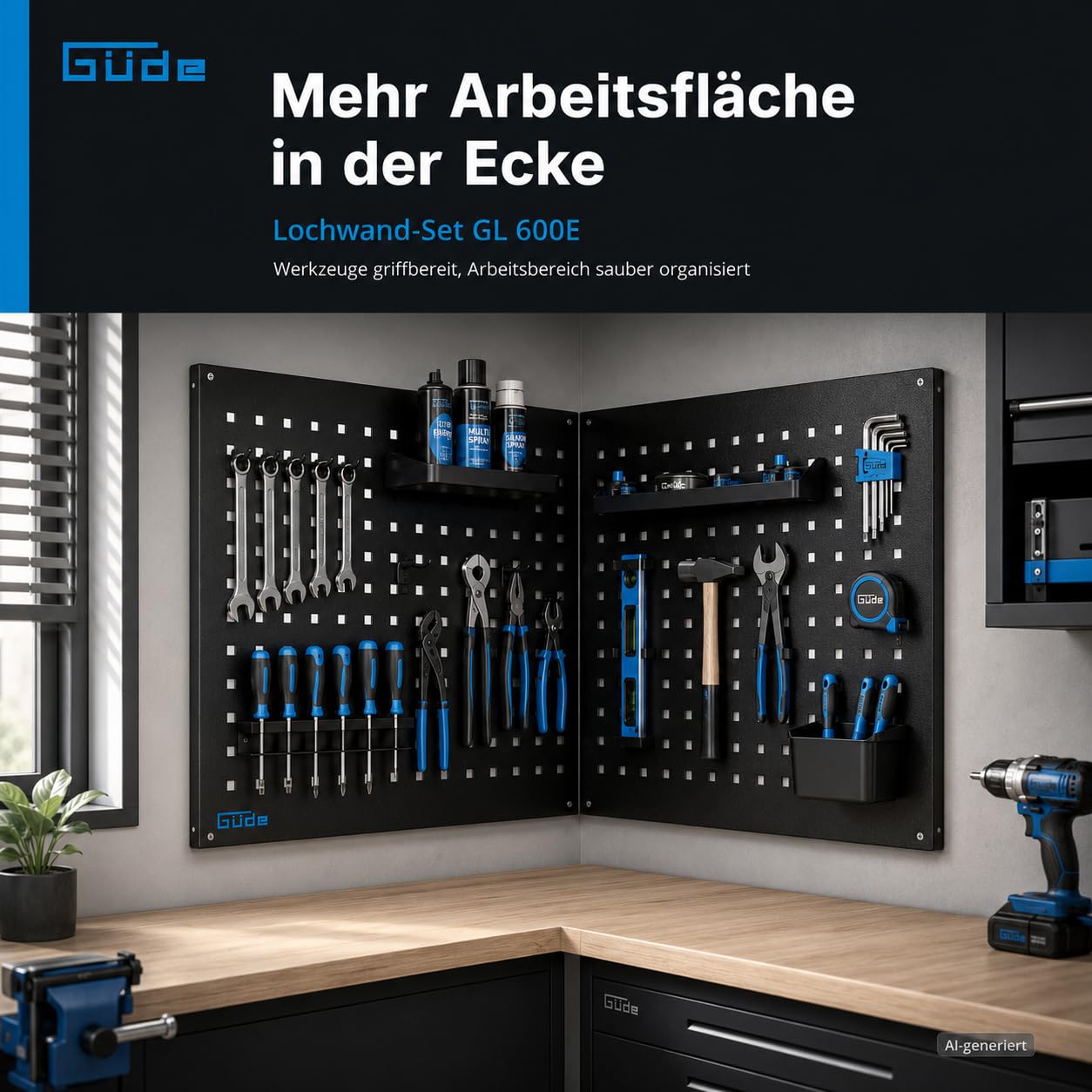 Güde Lochwand-Set GL 600E - 2 Module, pulverbeschichtetes Stahlblech | Ergänzung zur Güde Eco Line, passgenaue Eckmontage, Maße 2 x (58 x 55 x 2 cm), Lochmatrix: 9 x 9 mm, Lochmitteabstand: 38 mm
