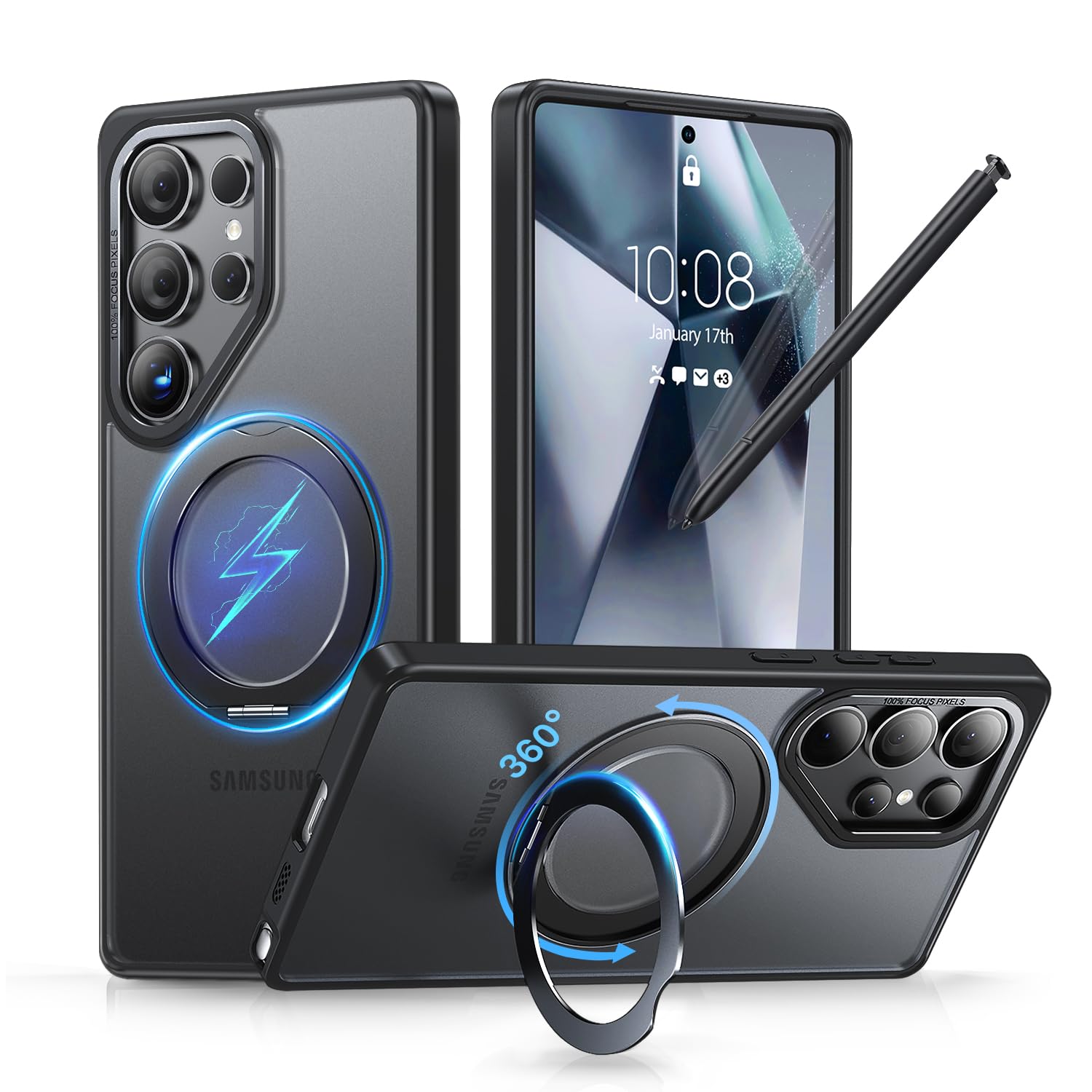 QTlier Phone case for Galaxy S25 Ultra- 360 Rotatable Magnetic Ring Stand, Military-Grade Protection, Raised Camera Frame (Black, S25 Ultra)