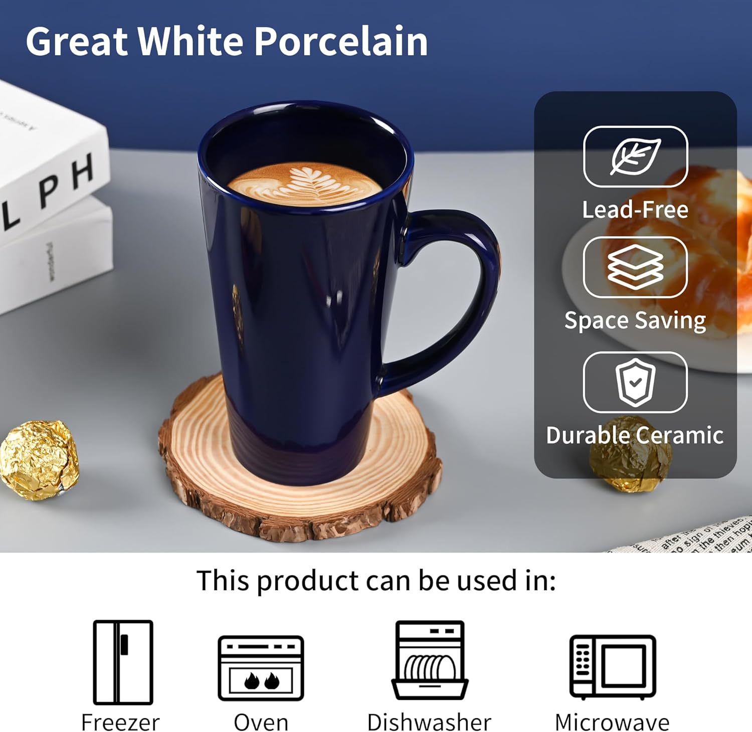 16oz Funnel Ceramic Tall Coffee Mugs for Coffee, Tea, Cocoa, Latte, Milk set of 4(Cobalto) - Image 3