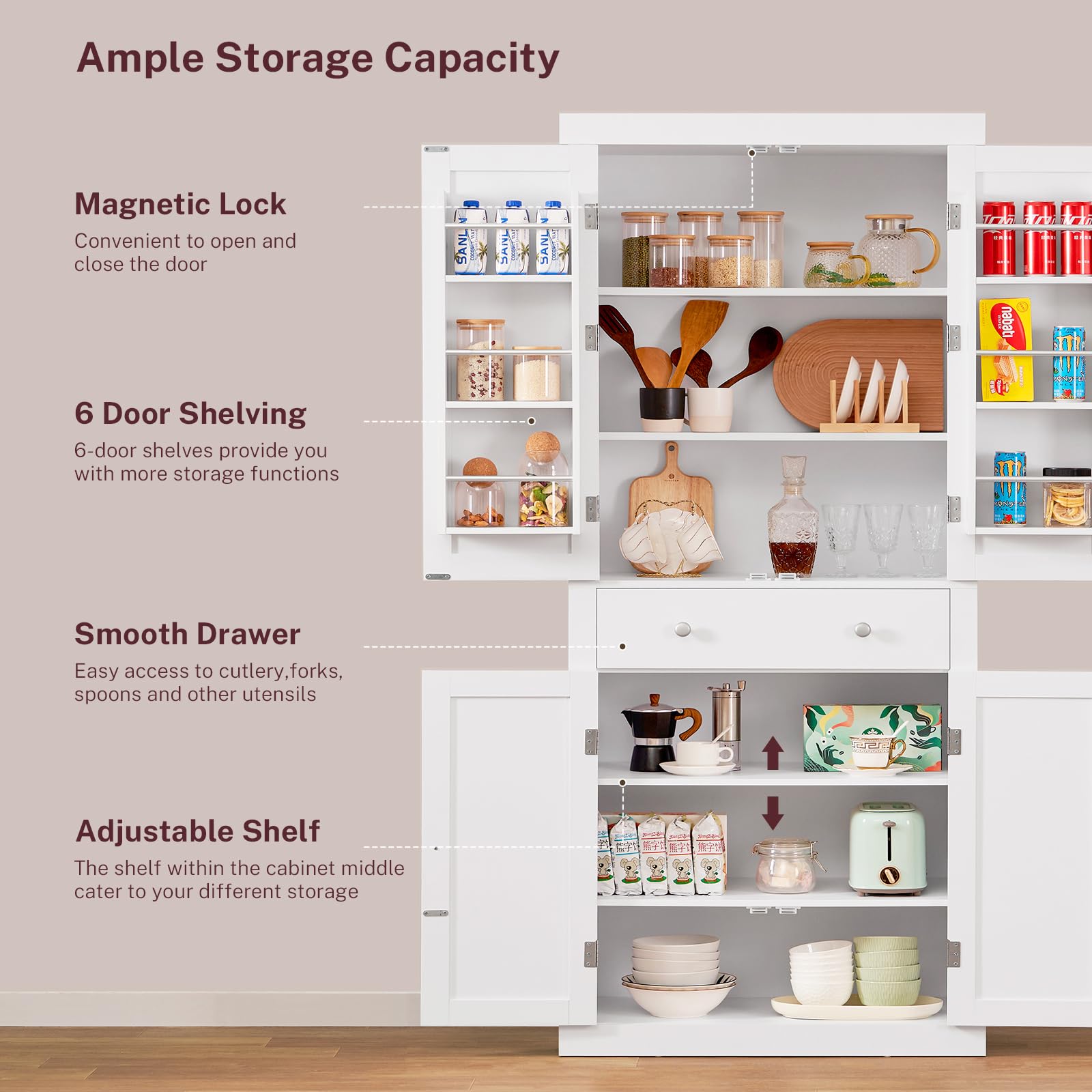 TEENFON 72” Pantry Cabinet, Tall Kitchen Storage Cabinet with 4 Doors and 1 Drawer, Cupboard with 6 Hanging Shelves and Adjustable Shelves for Kitchen, Dining Room, Living Room, White - 3