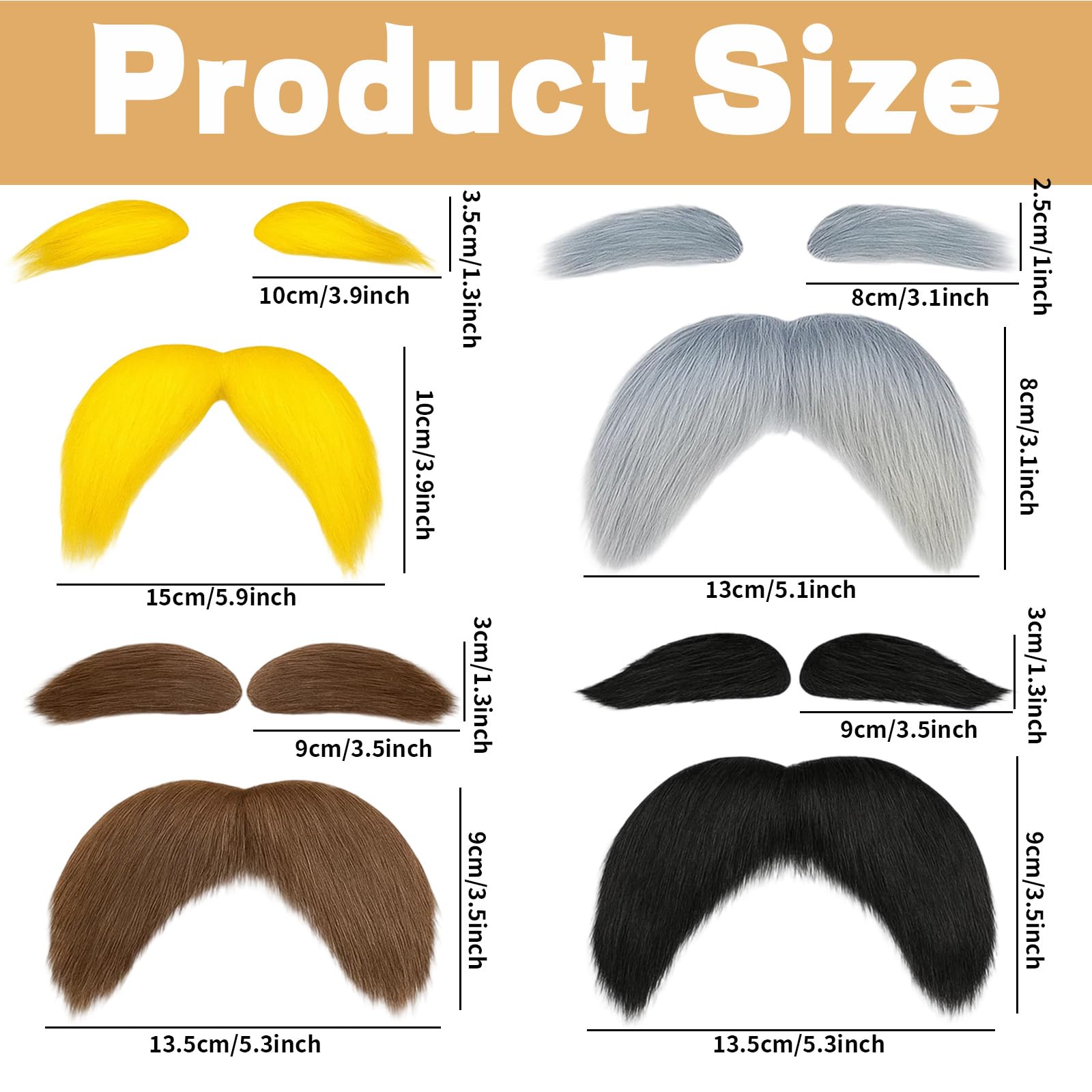 Fake Beard Fake Mustache Eyebrows Stick on Mustaches,4 PCS Fake Mustache and Eyebrows,Fake Beard Facial Hair Costume Accessories for Halloween Party Favors Cosplay Yellow - Image 2