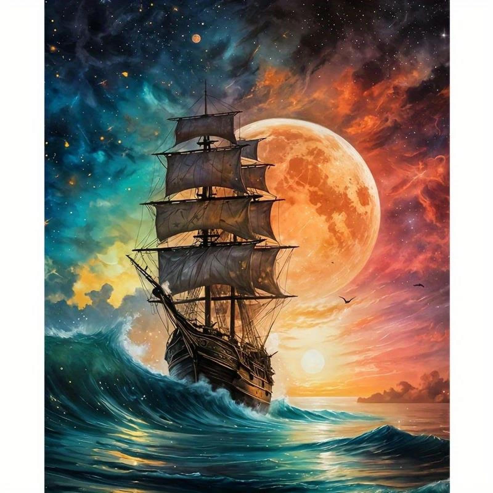 Yocheng Ocean Sailboat Poster And Prints Moon Canvas Painting Bright Starry Sky Wall Art Picture For Living Room Home Decor 30x40cm No Frame