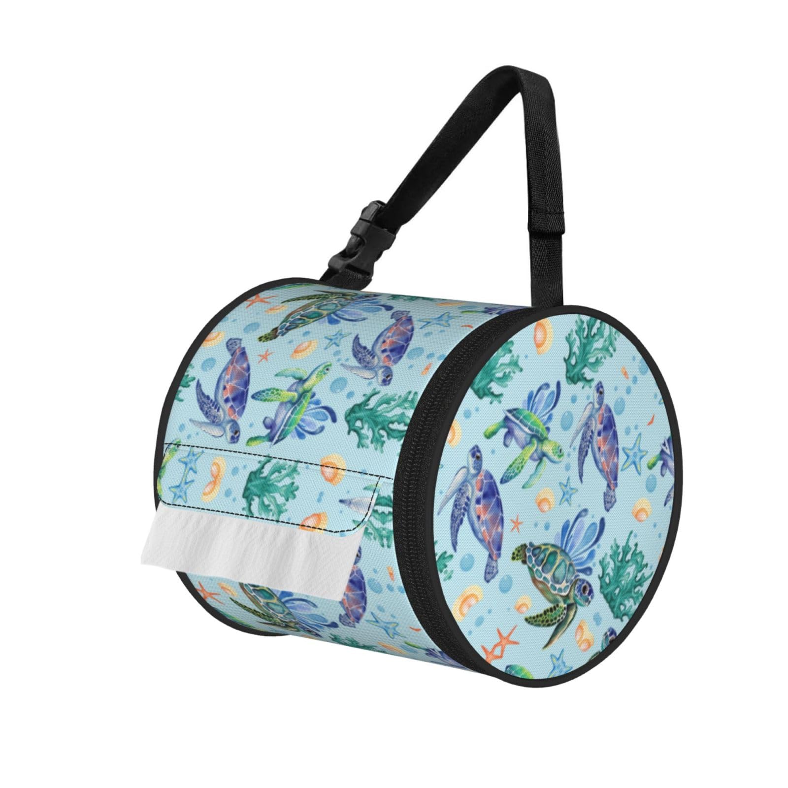 Sea Turtle Ocean Print Round Tissue Dispenser Bag With Carry Strap, Portable Roll Holder For Car Travel Home