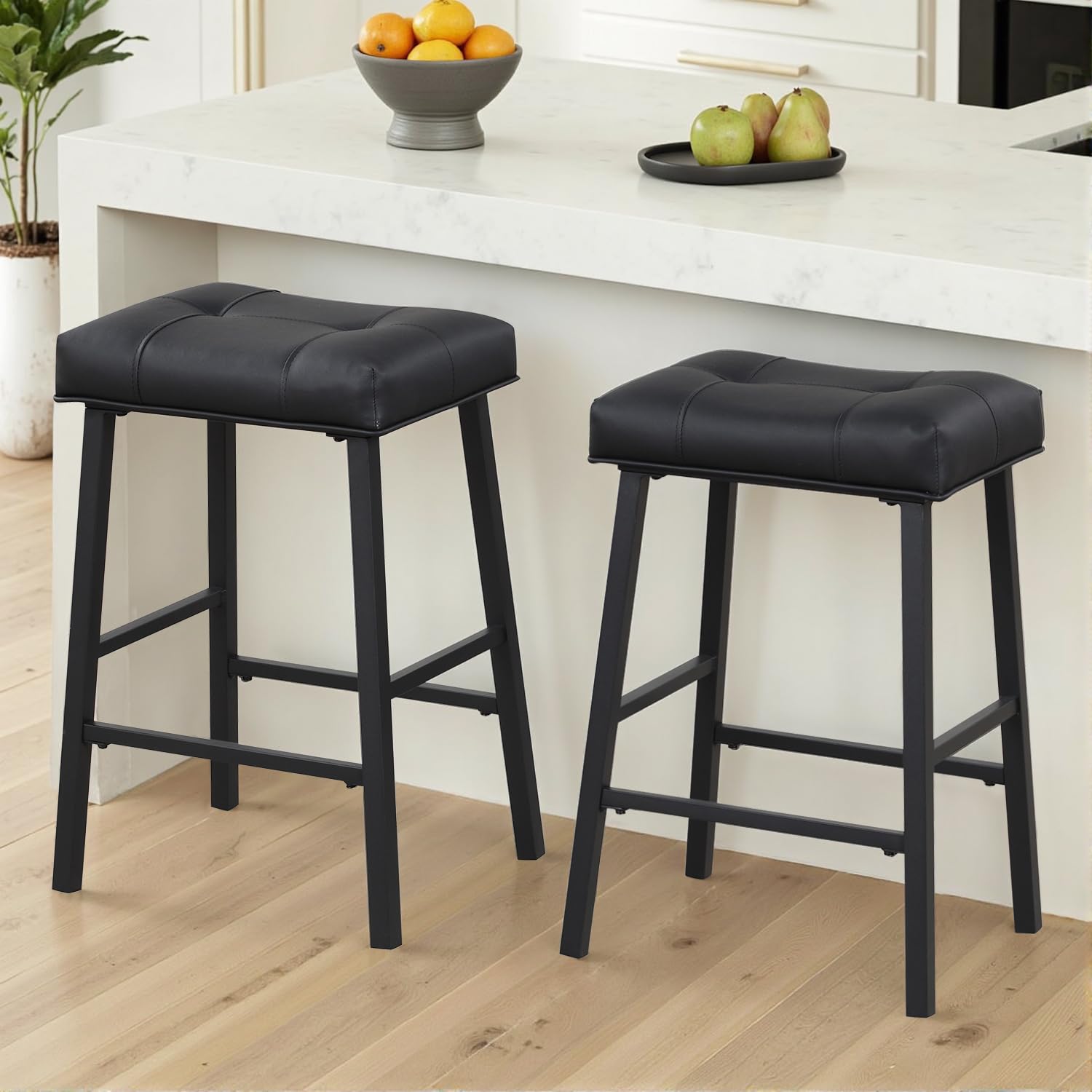 Set Of 2 Black Counter Height Bar Stools, 24 Inch Bonded Leather Saddle Seats, Heavy Duty Metal Base, Holds 400 Lbs