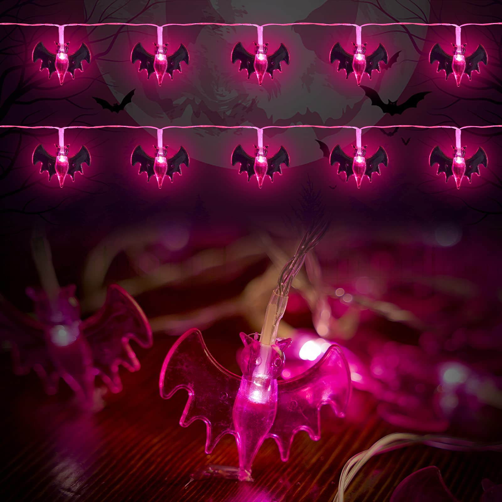 MIIFUNY Halloween String Lights - Halloween Decorations Purple Bats String Lights 10FT 20 LEDs Battery Operated with 2 Lighting Mode for Garden Indoor/Outdoor Halloween Party Decoration