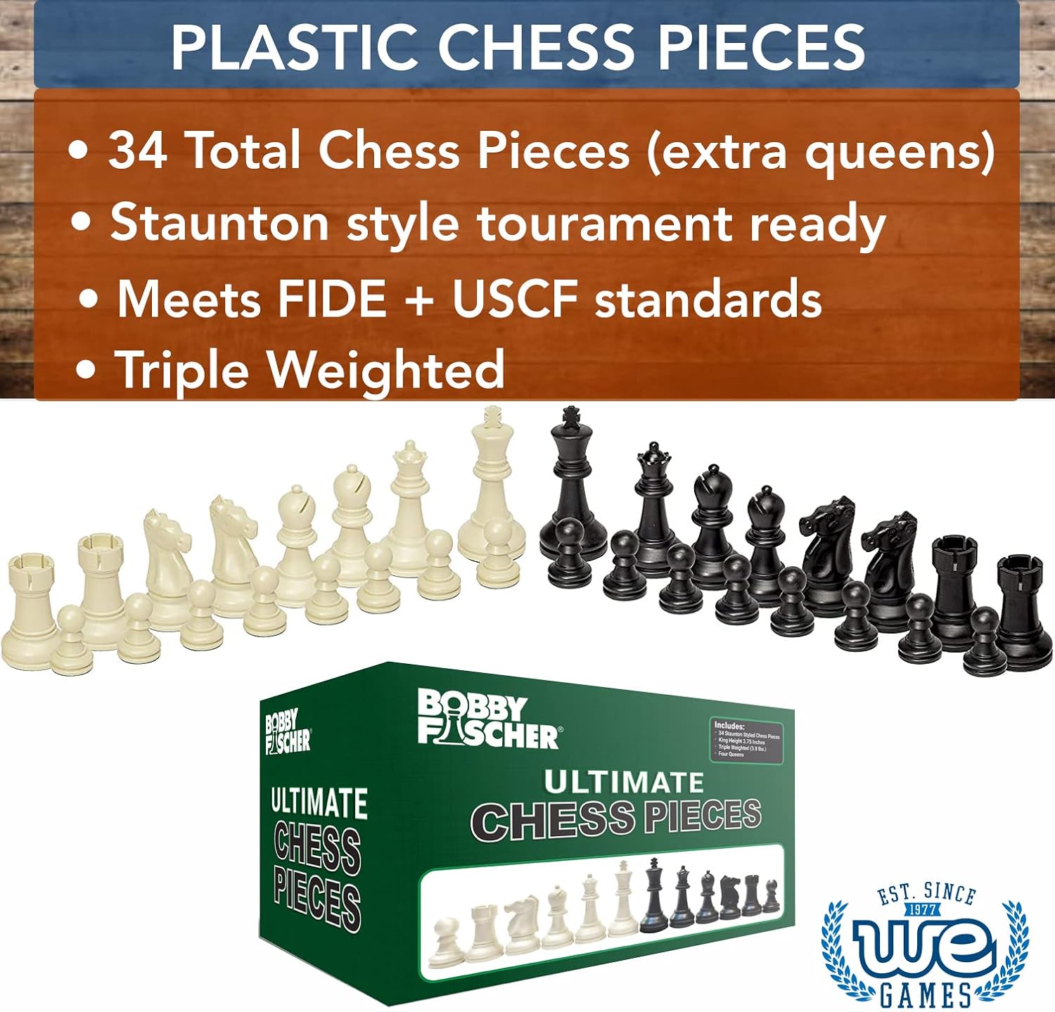 Bobby Fischer Chess Piece Set, The Ultimate Tournament Chess Set - Plastic Chess Pieces Only - Staunton Style Chess Set, 34 Chess Pieces Weighted Includes Extra Queens, Triple Weighted Chess Set
