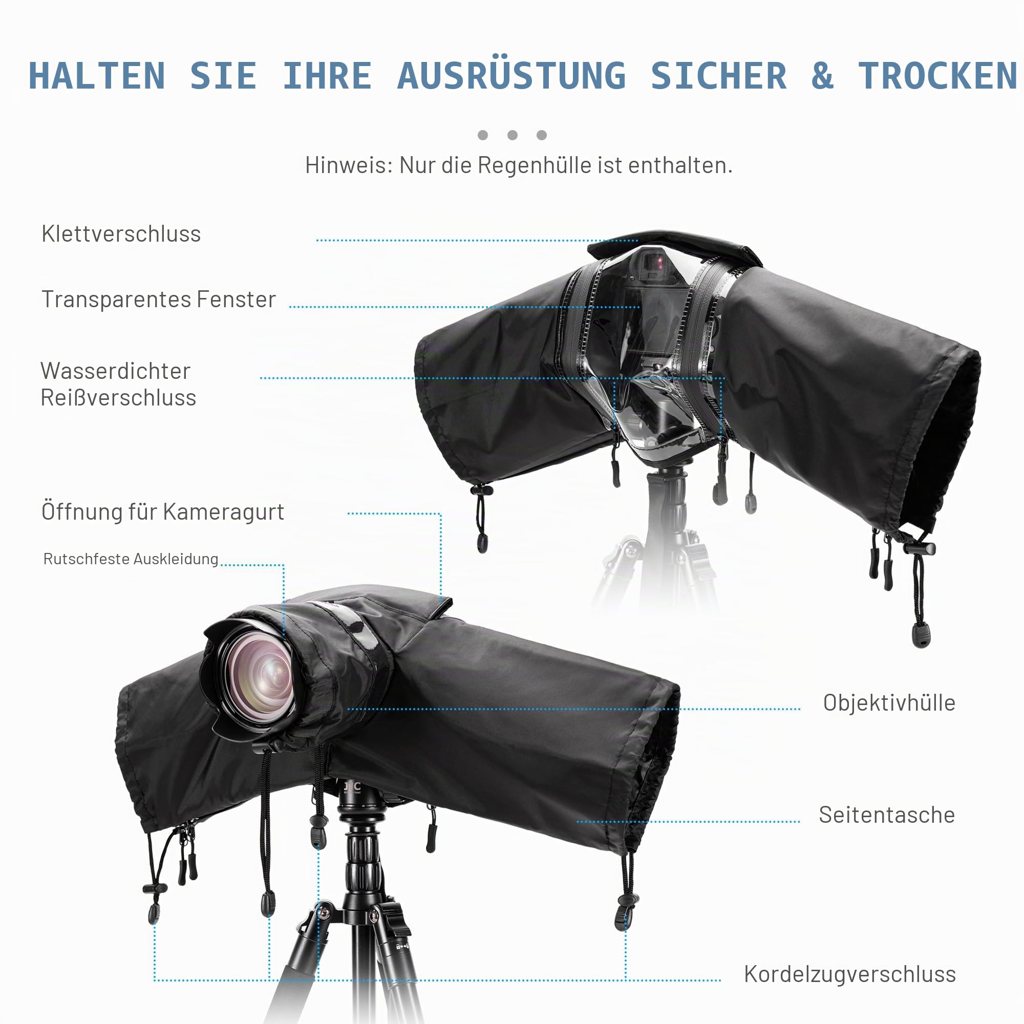 Canon Sony Nikon DSLR Regenschutz - Upgraded Transparent Window Design, Wasserdicht, Schwarz Nylon, Kompatibel mit Kamera + Objektiv bis 180x140x230 mm