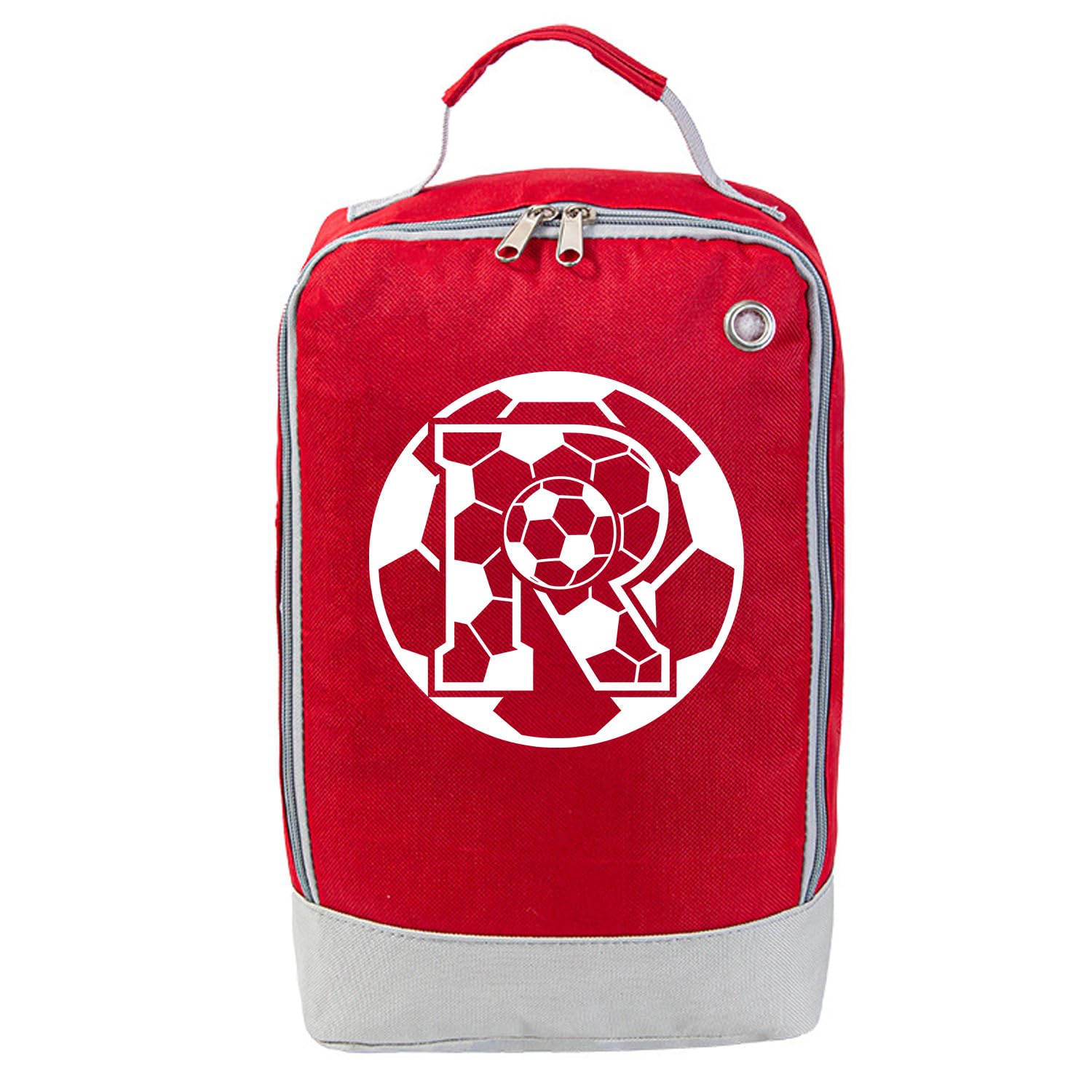 JOUWUI Personalised Football Boot Bag, Waterproof Sports Shoe Storage, Red and Grey Design with Initial, 20x10x32cm, for Boys, Girls, Adults, PE and School (Football Boot Bag, Initial R)