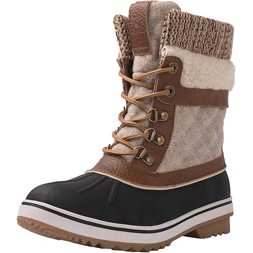 GLOBALWIN Womens Winter Snow Boots, Lace Up Waterproof Shoes Skiing Hiking Insulated Duck Boots, Furry Mid Calf Warm Lightweight Comfortable with Faux Fur Lining