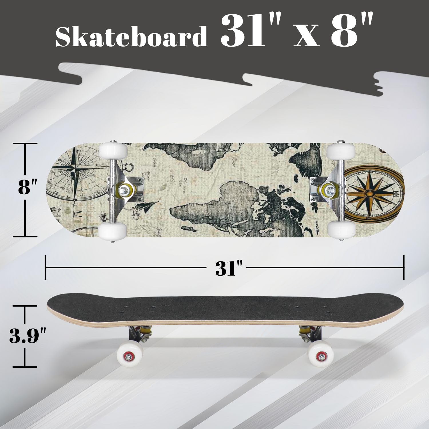 Complete Skateboard with Seamless Pattern Globe Compass World map Wind Rose Vintage Science Beginner Skateboard 7-Layer Maple Wood Double Kick Concave Skateboards for Kids, Adults, Teens 31