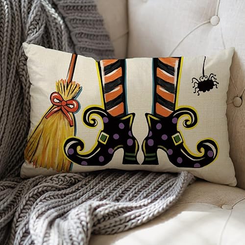 Miniatura 7 de Funda de almohada decorativa lumbar con zapatos de bruja de Halloween de 12 x 20 pulgadas, escoba rectangular araña para decoración del hogar al