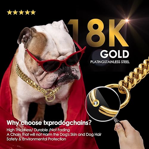 Miniatura 5 de txprodogchains Collar de perro con cadena de oro de 18 quilates, cadena de eslabones cubanos de 0.39 pulgadas, eslabones de metal de acero